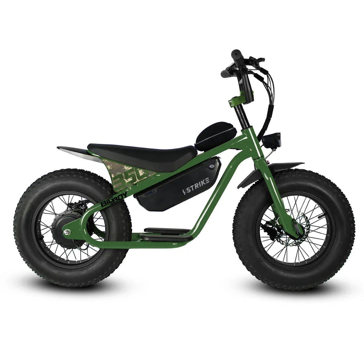 Side view of the eMOTO eBike Strike Big Boy electric bicycle in a matte black finish, showcasing its sturdy frame, thick tires, and battery pack mounted on the downtube.