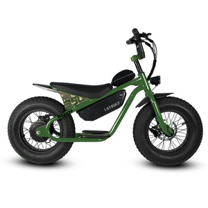 Side view of the eMOTO eBike Strike Big Boy electric bicycle in a matte black finish, showcasing its sturdy frame, thick tires, and battery pack mounted on the downtube.