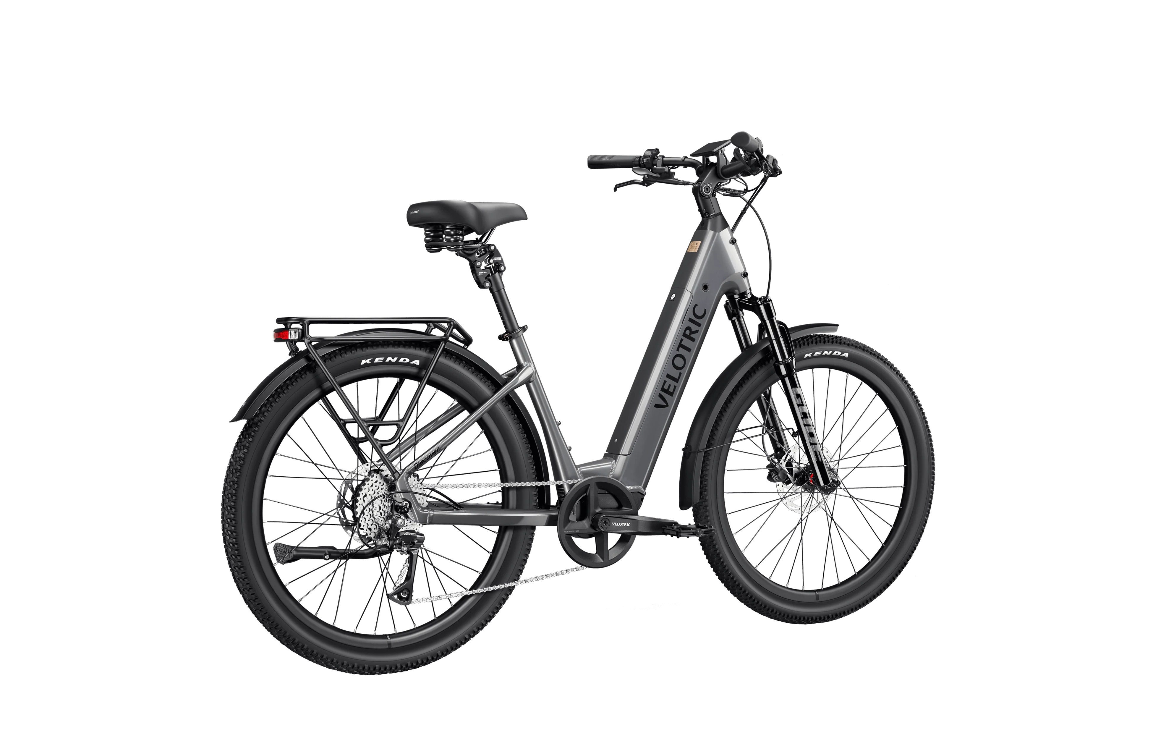 Stone gray Velotric Discover 3 eBike side view, showcasing sleek frame design and integrated battery