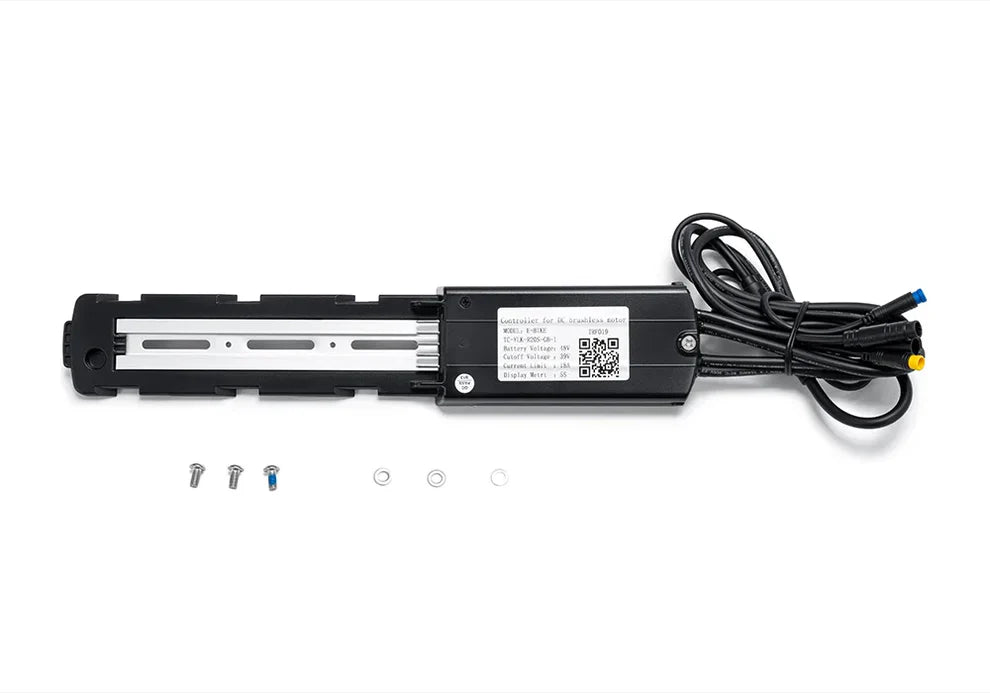 Front view of the Macfox X1S eBike controller showing its compact black rectangular design with labeled connection ports and attached wiring harness.