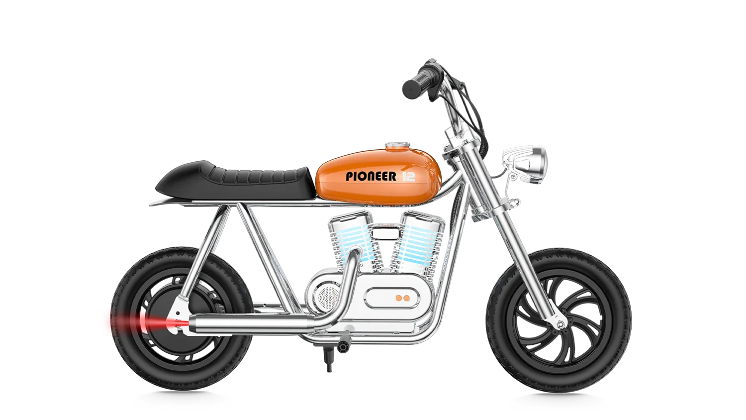 Orange eMOTO Hyper Gogo Pioneer 12 Plus electric bike without training wheels, side view, app-compatible model