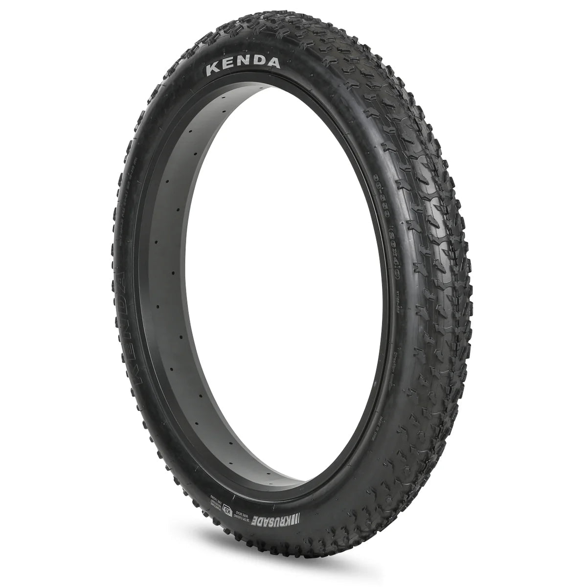 Electric fat tire bike featuring 26x4 inch Kenda Krusade tires, side view, black frame, outdoor background.
