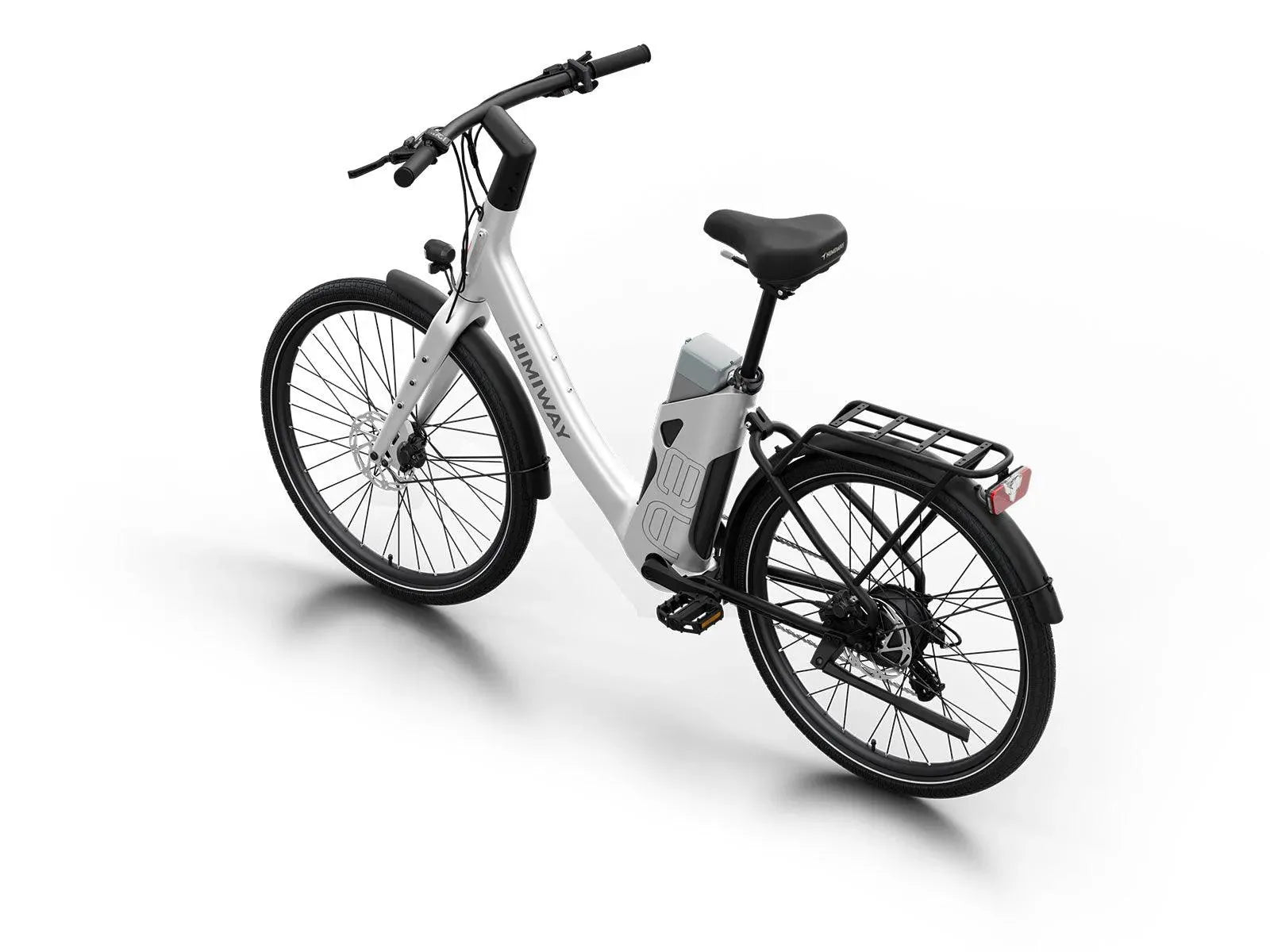 White Himiway A3 Step Thru electric bike shown from a side angle, highlighting its step-through frame, battery placement, and black tires against a plain background.