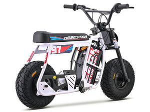 White eMOTO EBOX Dragster electric dirt bike, side view, on a plain background
