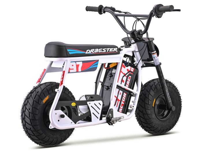 White eMOTO EBOX Dragster electric dirt bike, side view, on a plain background