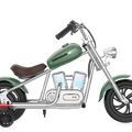 Green eMOTO Hyper Gogo Challenger 12 Plus electric bike with training wheels, shown in profile, featuring app connectivity