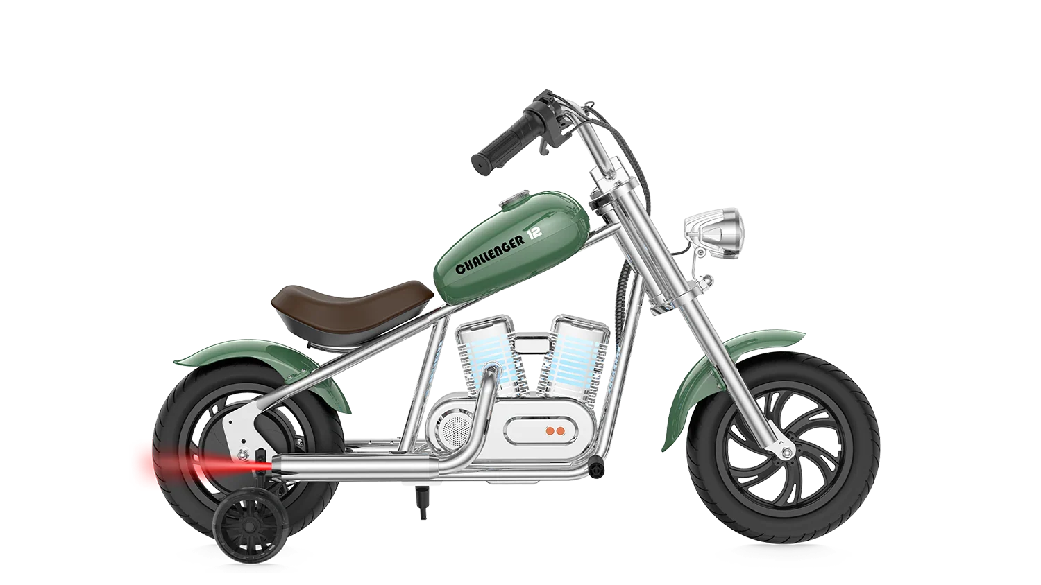 Green eMOTO Hyper Gogo Challenger 12 Plus electric bike with training wheels, shown in profile, featuring app connectivity
