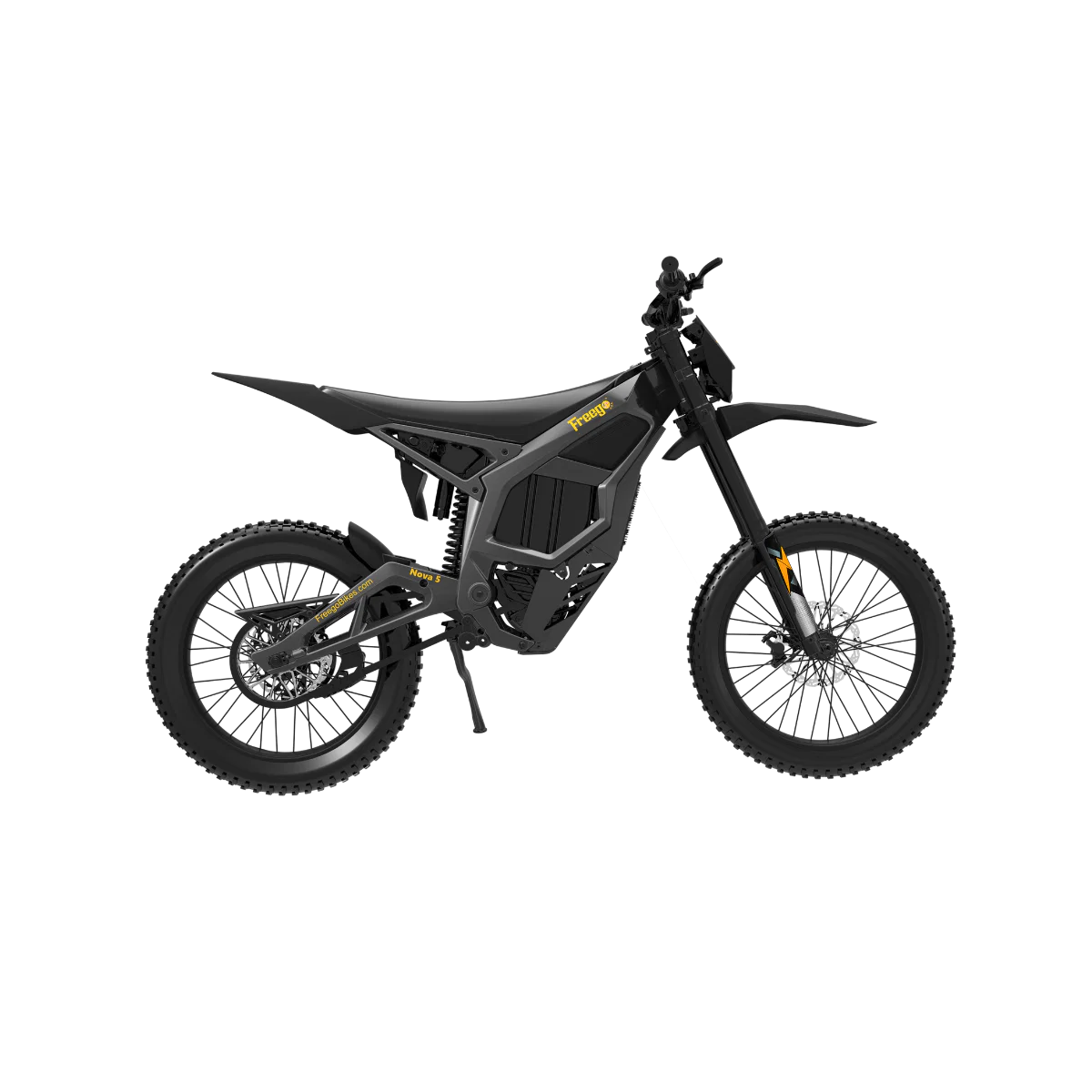 Side view of a black Freego Nova 5 electric bike, showcasing its frame, wheels, and battery on a white background.