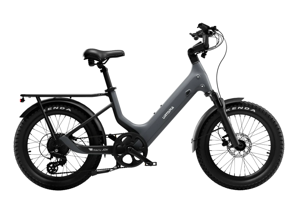 Urtopia Carbon Joy eBike in charcoal gray, side view, showcasing sleek carbon frame and modern design