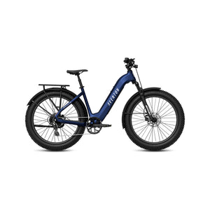Aventon Aventure 3 Step-Thru electric bike in Cobalt Blue, side view, showcasing frame design and features.