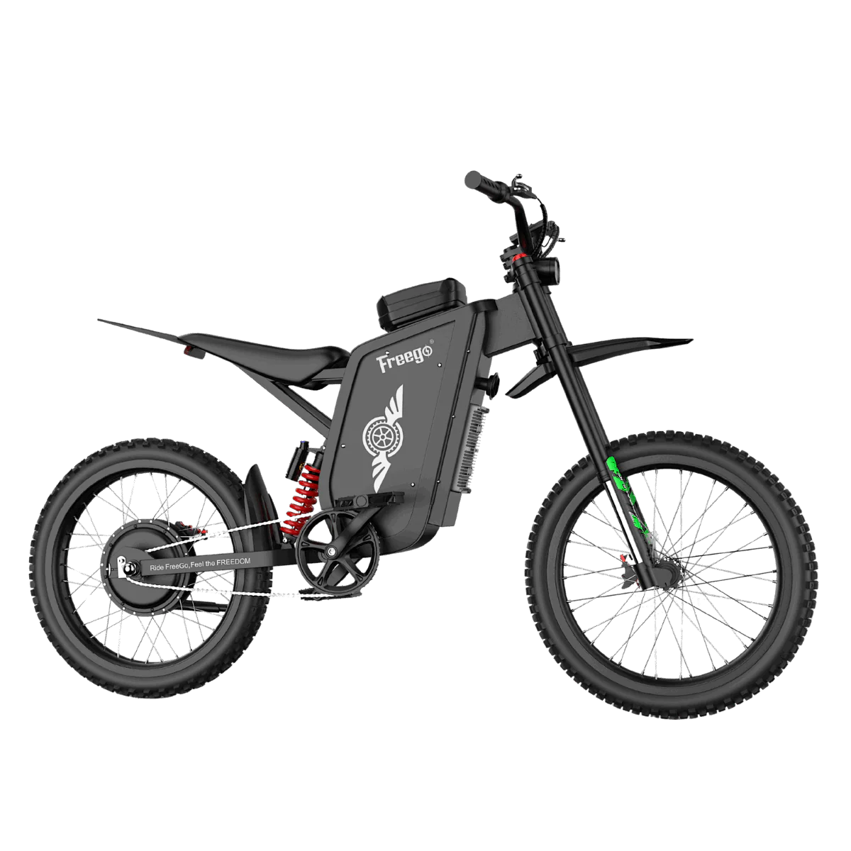 Side view of the eMOTO Freego X3 electric scooter showing its black frame, wide deck, large tires, and rear suspension system.