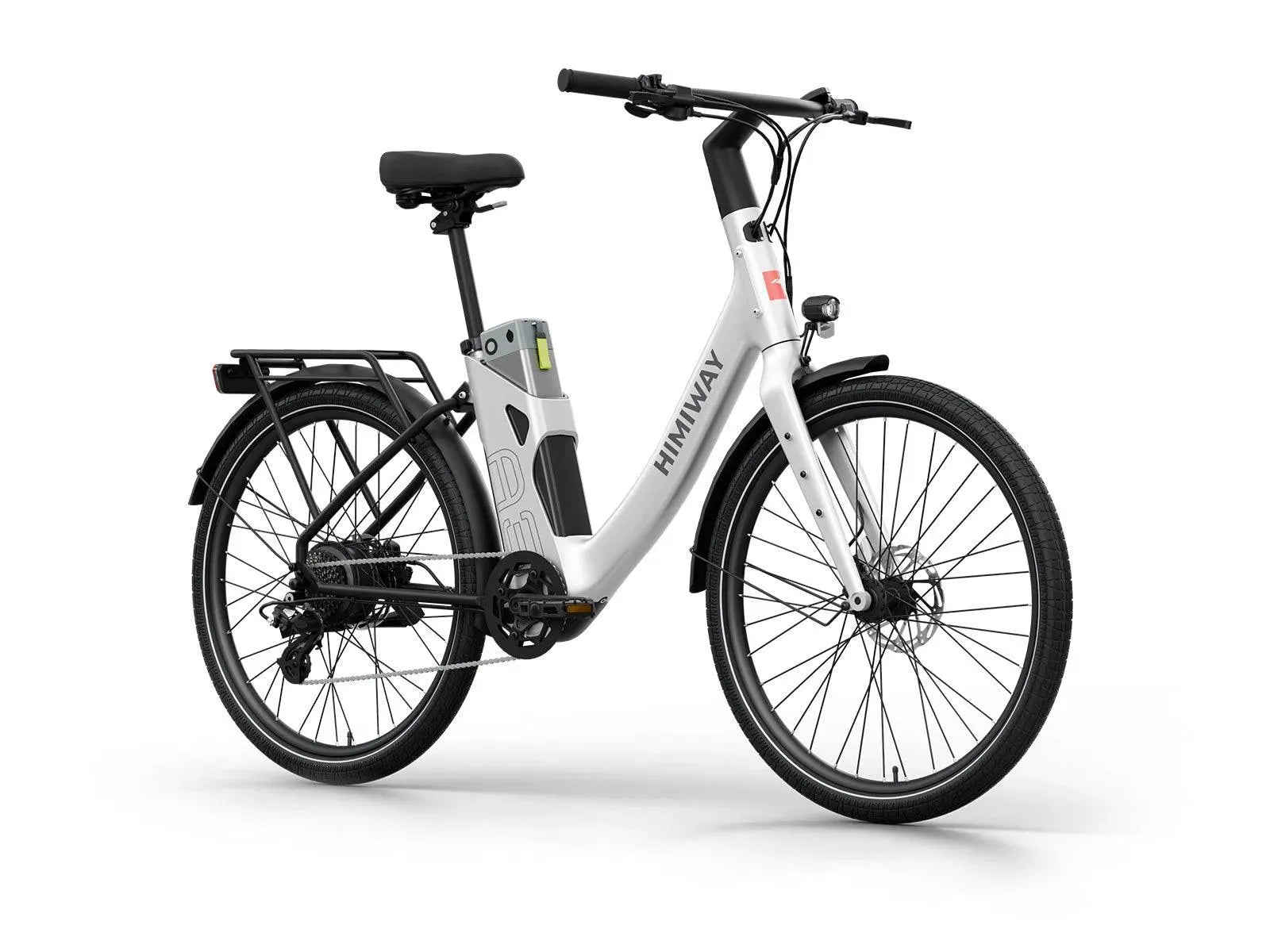 White Himiway A3 Step Thru electric bike side view, showcasing step-through frame, black saddle, and battery pack on down tube
