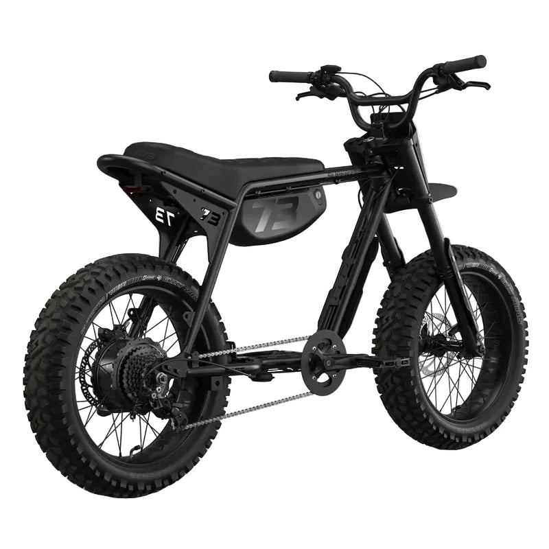Side view of the Super73 Z Adventure Series SE eMOTO eBike in a showroom, highlighting its rugged frame, thick tires, and matte finish, available for in-store pickup only.