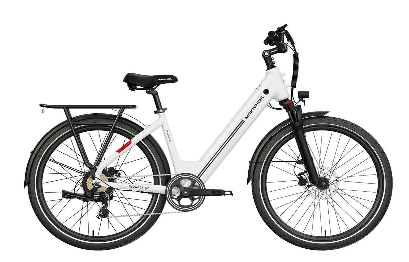 White MOKWHEEL Asphalt ST 500W step-thru urban electric beach cruiser eBike with 27.5x2.4 tires, side view on plain background