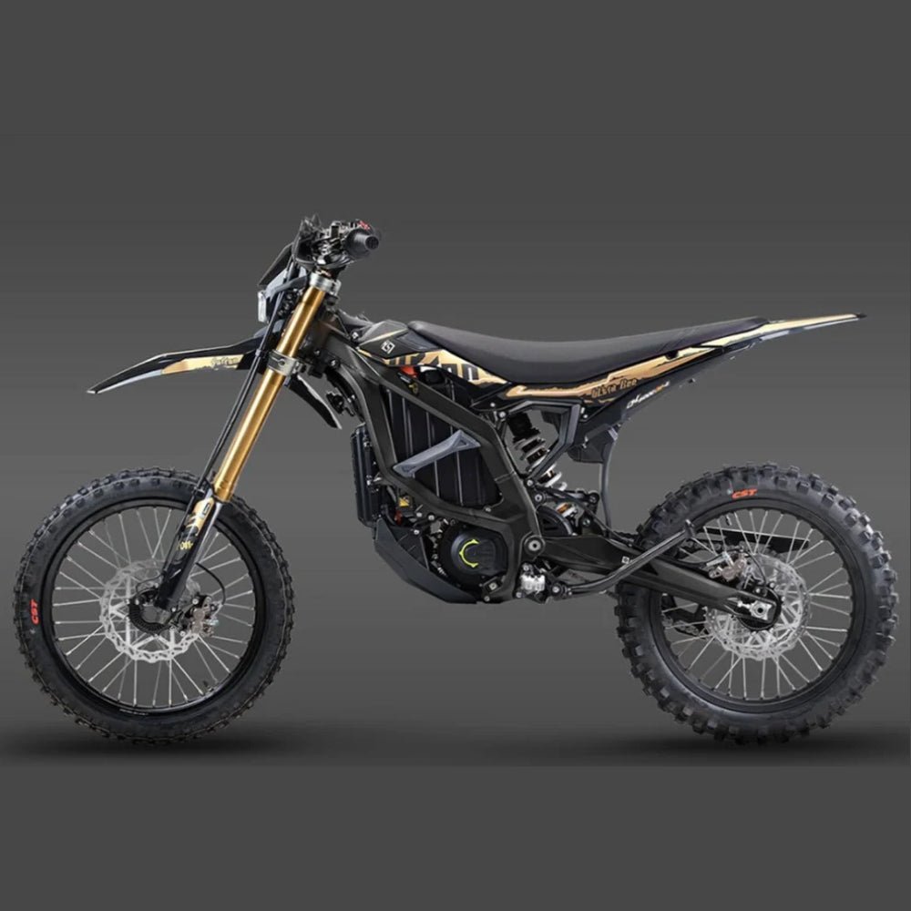 Side view of a 2025 Surron Ultra Bee 21kW electric dirt bike in black and yellow, displayed on a white background.