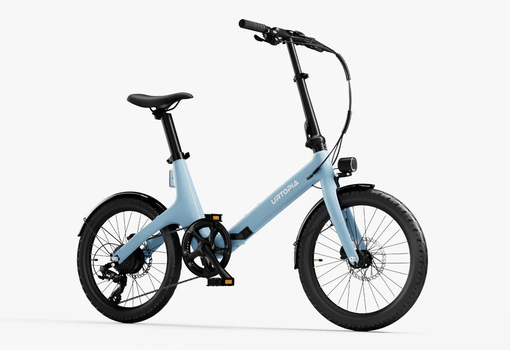 Urtopia Carbon Fold Step Thru eBike in Glacier Blue, side view, folded for compact storage