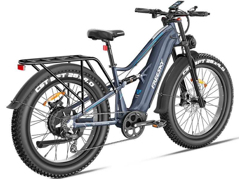 Side view of the Freesky Swift Horse Pro X-6E eBike in black, showing its fat tires, front suspension fork, and battery integrated into the frame.