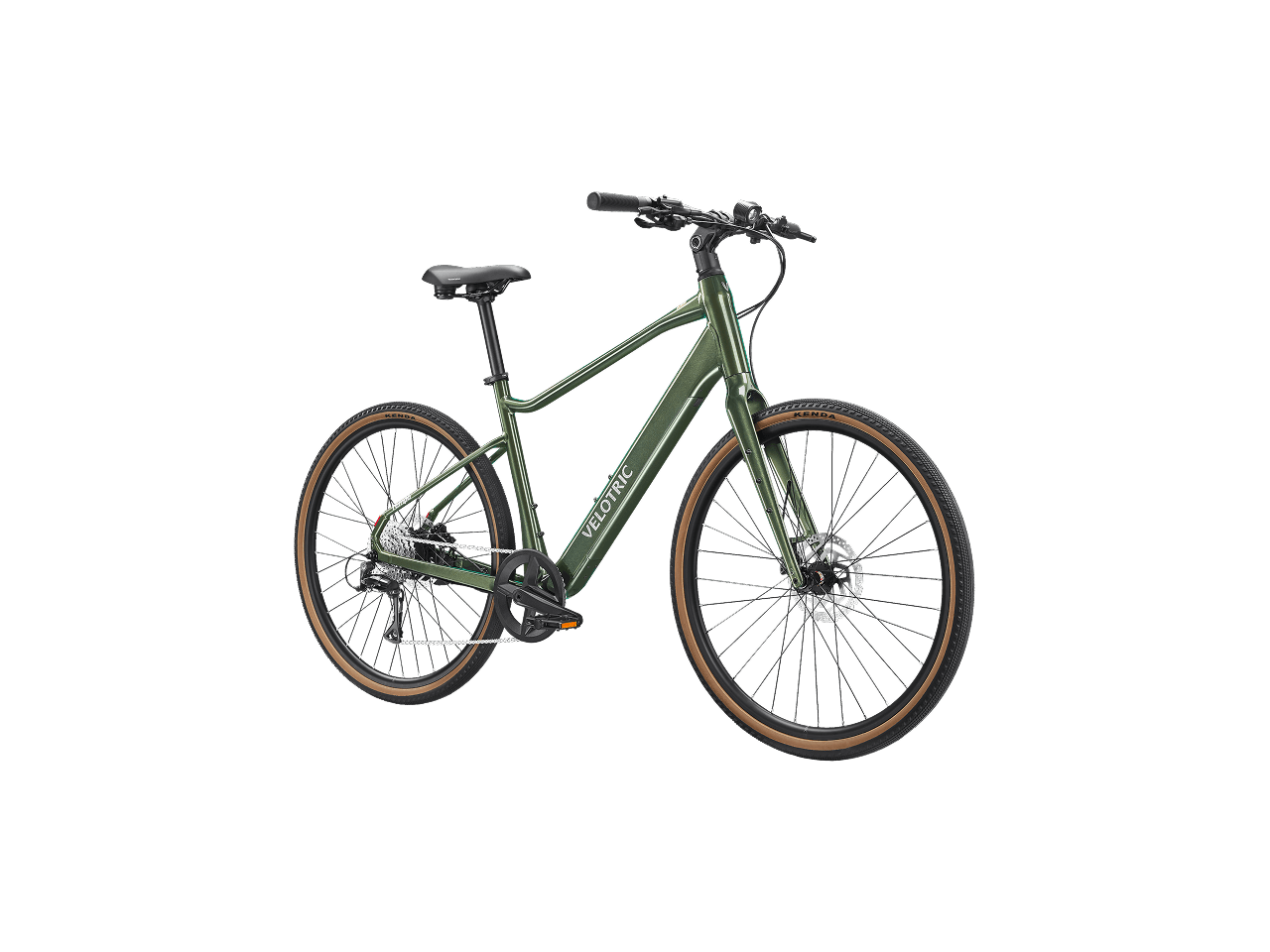 Velotric Tempo High Step eBike in Forest Evergreen color, side view, displayed outdoors