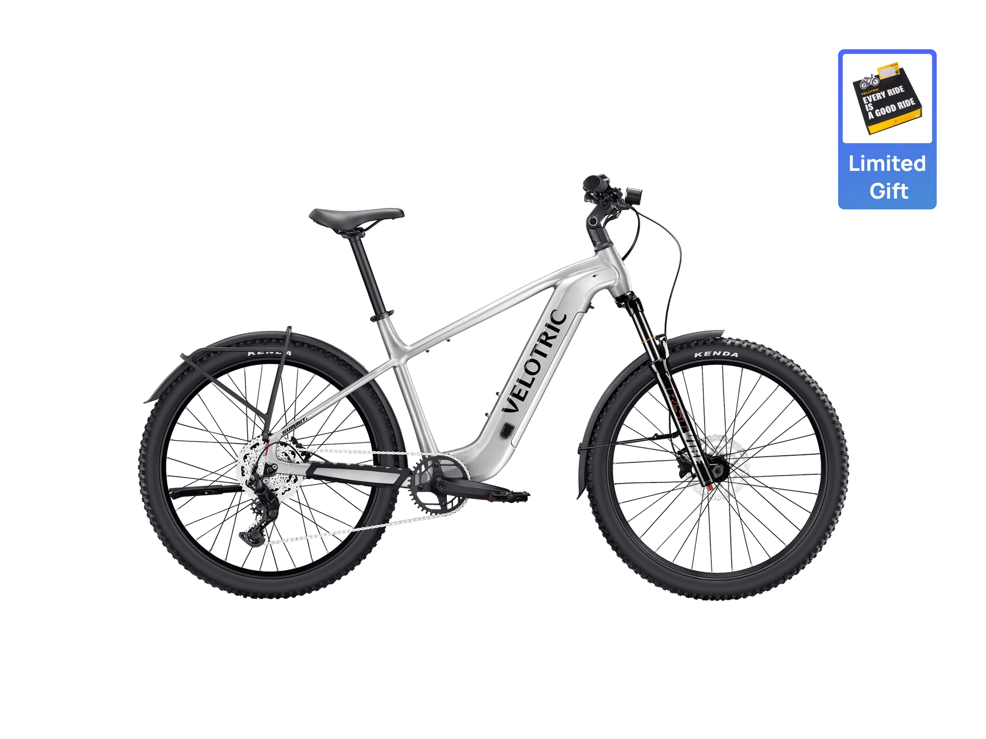 Velotric Summit 2 electric mountain bike in Glacial Silver, side view, against a white background