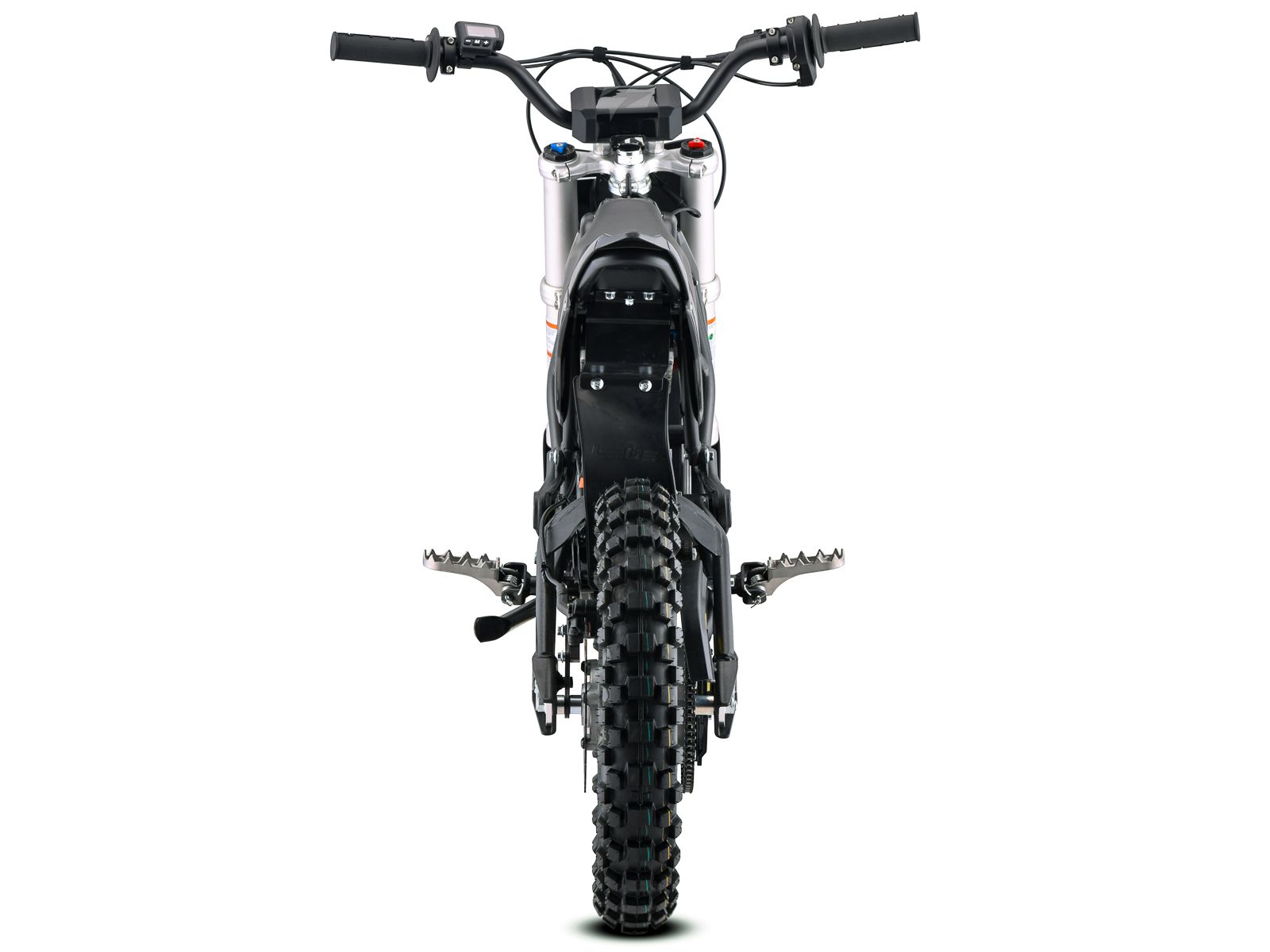 Side view of the eMOTO Stomp Ebox V3 60 electric dirt bike in black and green, showing its frame, wheels, and suspension system.