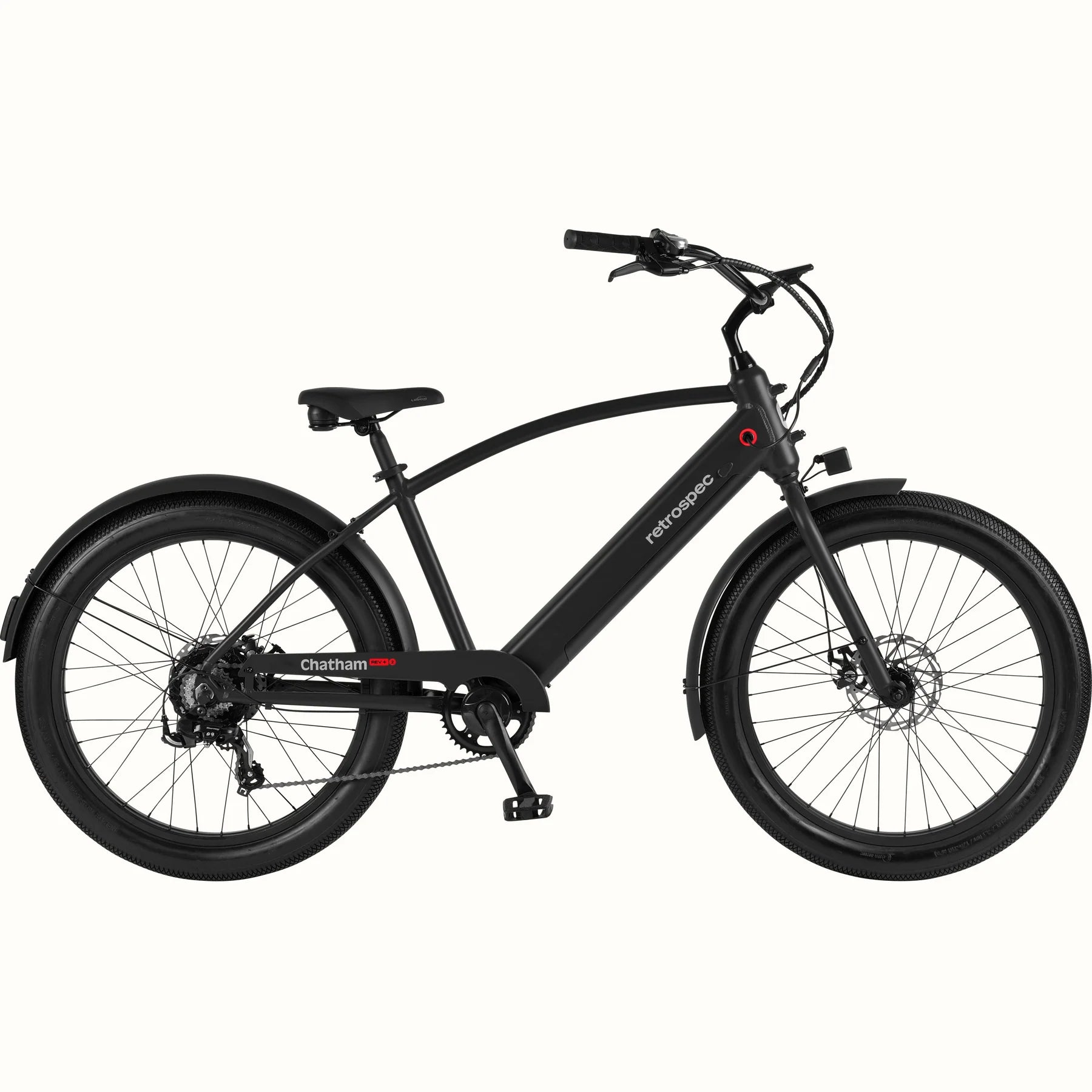 Matte black Retrospec Chatham Rev Plus 2 eBike, step-over frame, side view on white background