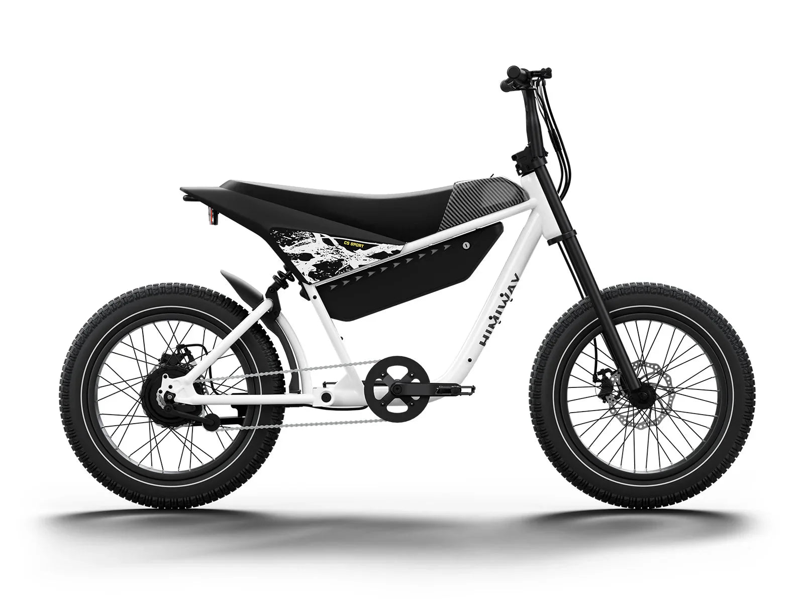 White eMOTO HIMIWAY C5 Sport 750W step-over electric bike with 20x4 fat tires in e-moto style, product image.
