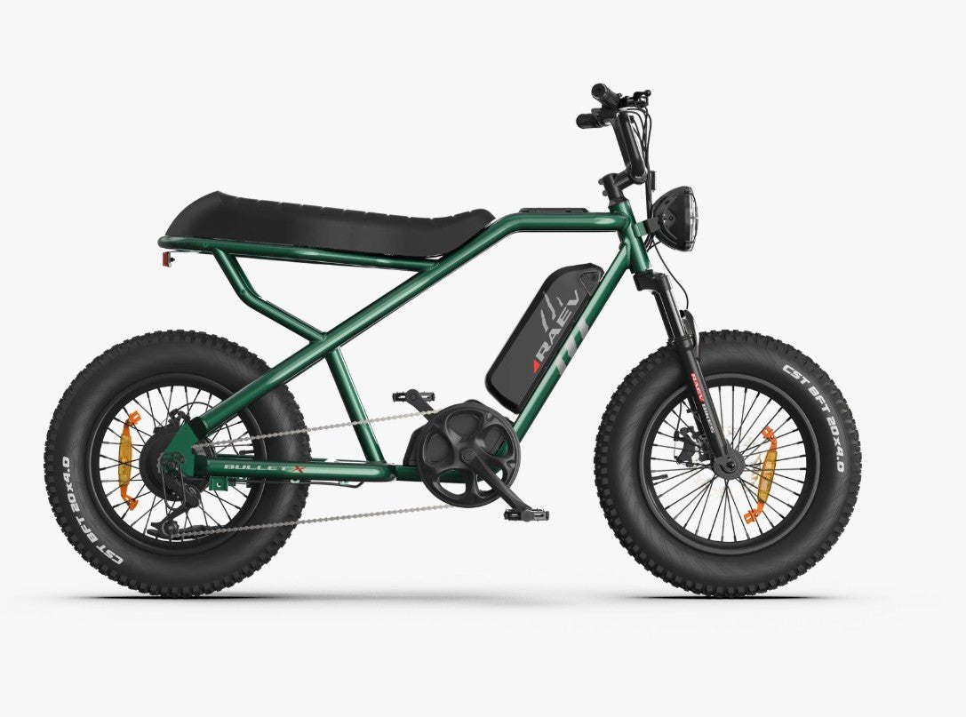 Side view of the eMOTO RAEV Bullet X Emoto eBike, a 750W electric bike, showcasing its sleek black frame, thick tires, and modern design features.