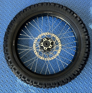 Product image of the eMOTO Surron eMoto Wheel Set featuring a Shinko 244 Dual Sport 18-inch rear wheel and tire set for e-moto bikes, shown without rotor or sprocket.