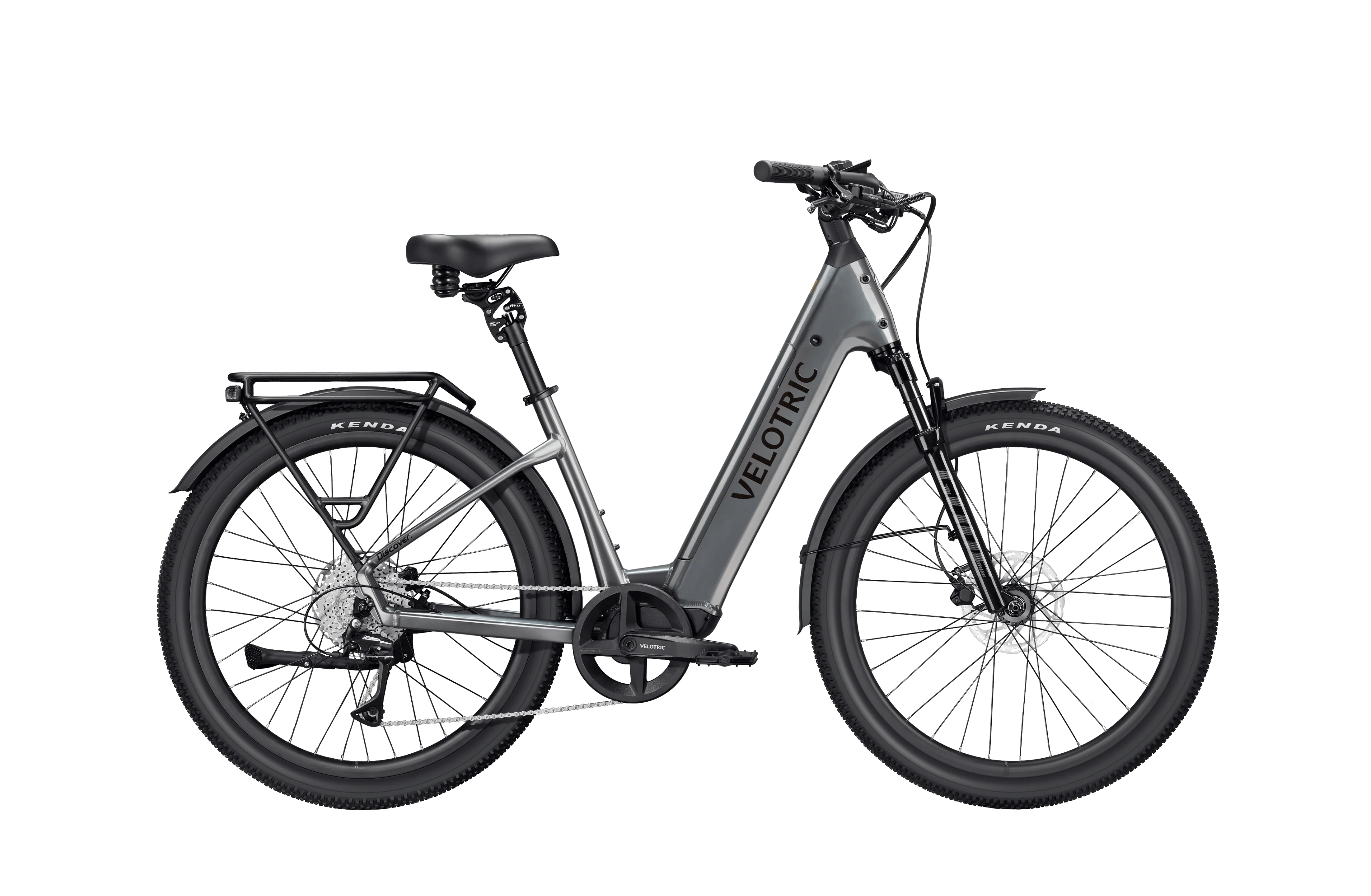 Stone gray Velotric Discover 3 eBike side view, showcasing frame design, battery placement, and wheels against a plain background.