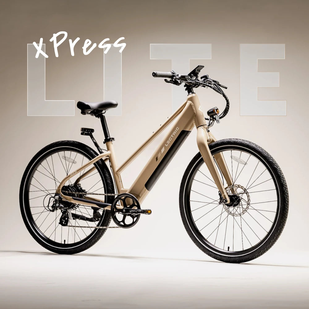 Lectric XPress Lite electric bike in Toasted Marshmallow color, side view, against a white background