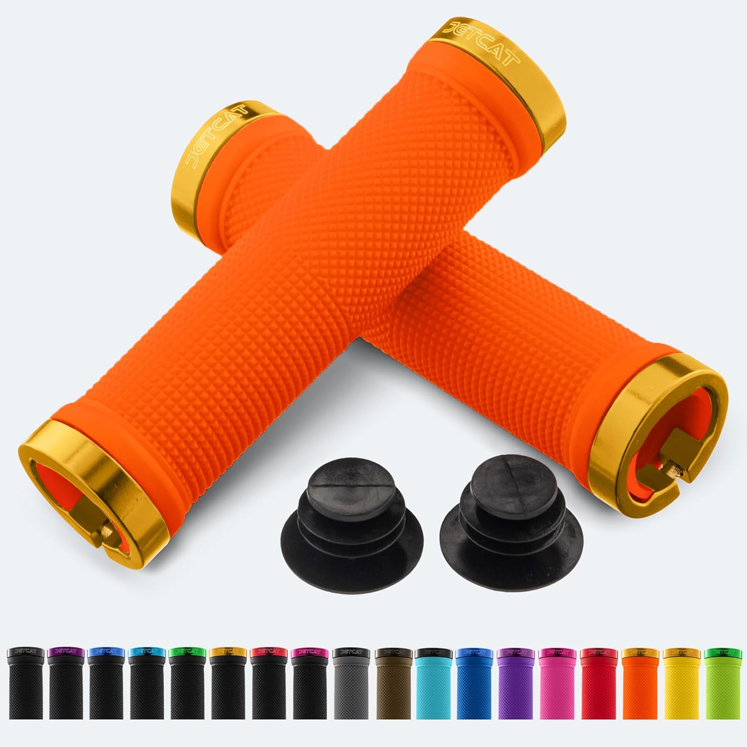 Orange JETCAT eBike grips, textured surface, product image on white background