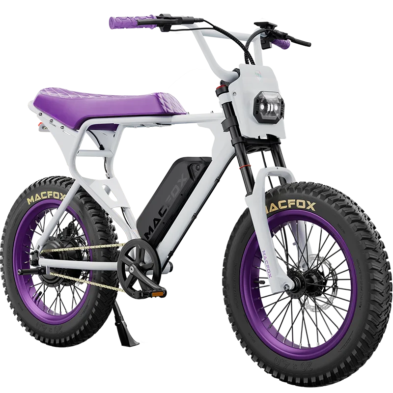 Side view of the Macfox X1S eBike with a single battery, showcasing its sleek black frame, thick tires, and minimalist design against a plain background.