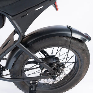 Close-up view of the Macfox X1S eBike Fender Kit installed on the rear wheel, showcasing the durable black fender and mounting hardware.
