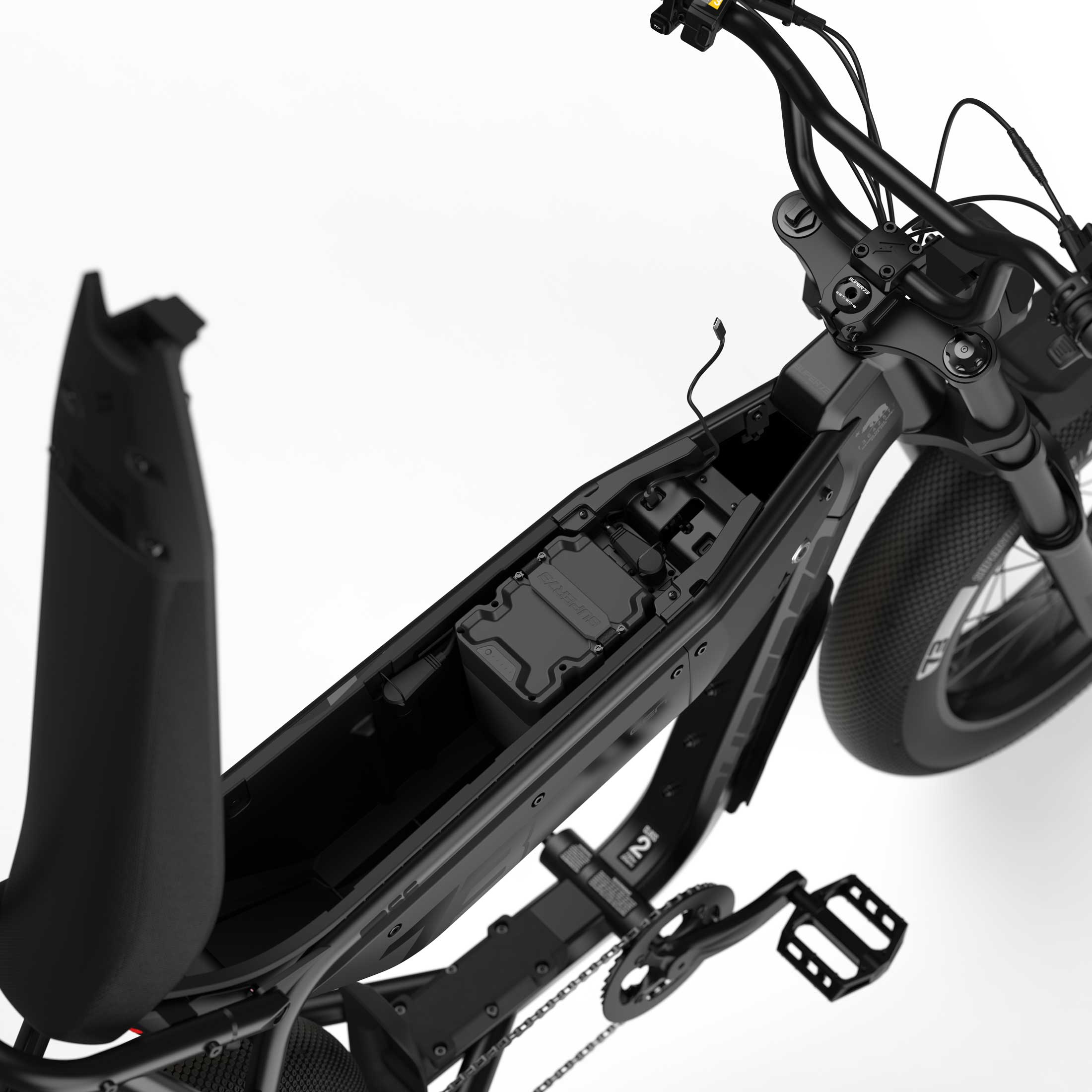 Side view of the eMOTO eBike Super73 B1G SE in a showroom, showcasing its black frame, thick tires, and minimalist design, available for in-store pickup only.