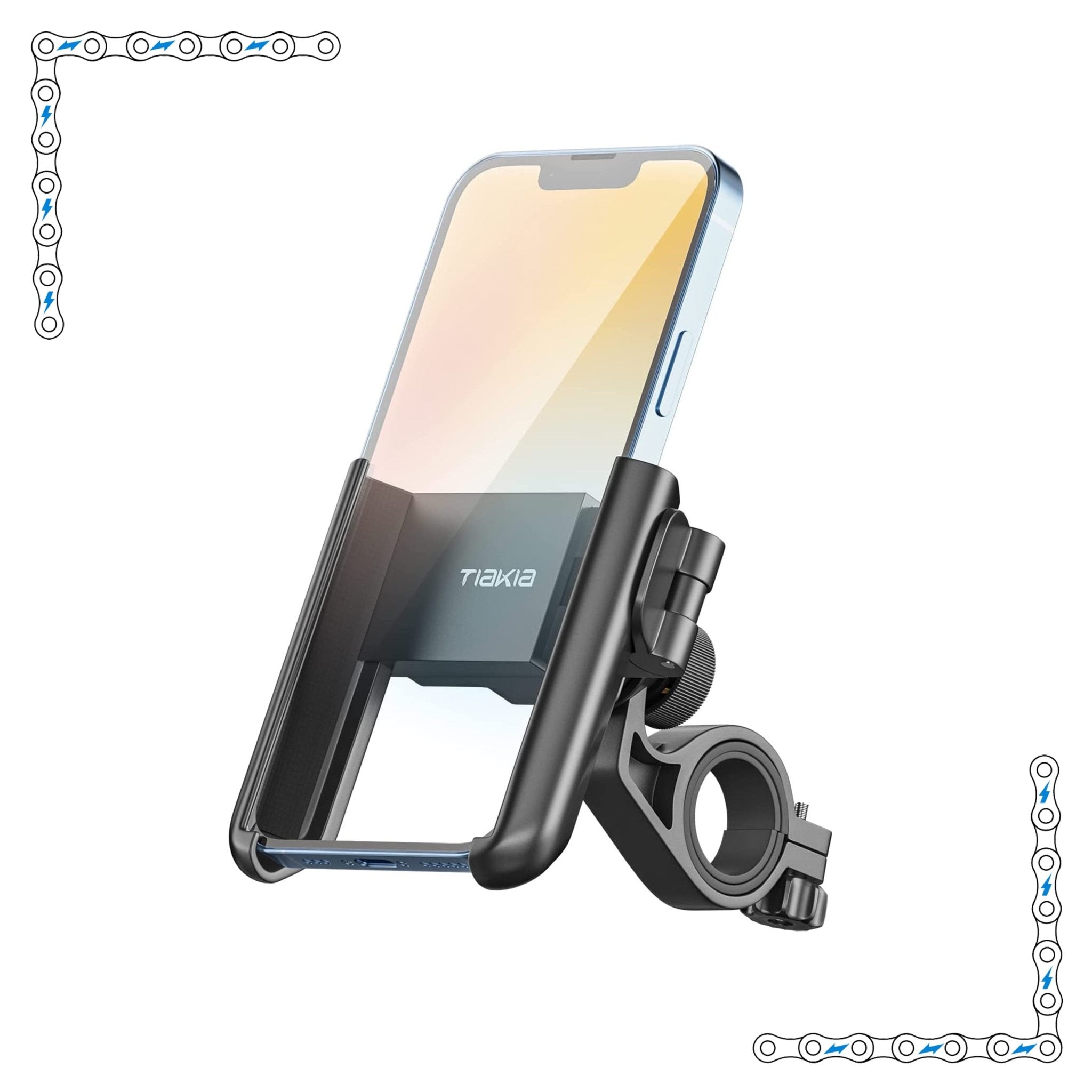 A black adjustable phone holder mounted on the handlebars of an electric bike, securely holding a smartphone in place.