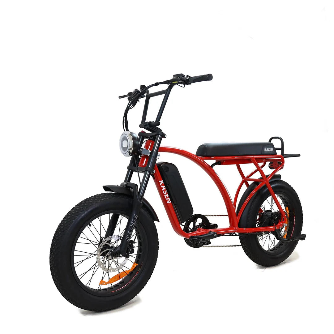 Red Kasen Kabbit Classic eBike side view, showcasing step-through frame, black saddle, and rear cargo rack.