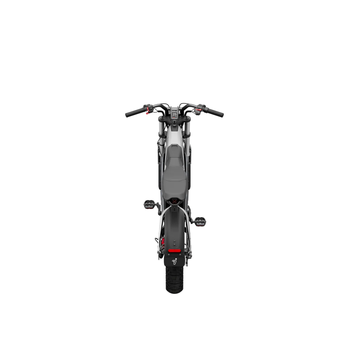 Side view of the eMOTO Segway Xyber electric bike parked outdoors, showcasing its rugged tires, sturdy frame, and modern design features.
