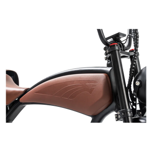 Brown eBike Revi Prowler electric bicycle side view with fat tires and step-through frame