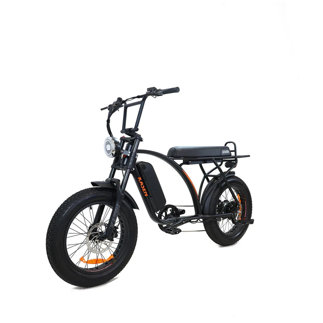 Side view of a black Kasen Kabbit Classic eBike, showcasing its frame, wheels, and battery against a plain background.