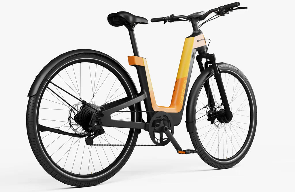 Side view of the Urtopia Fusion GT eBike in Vital Orange, showcasing its sleek frame, integrated battery, and modern design against a plain background.