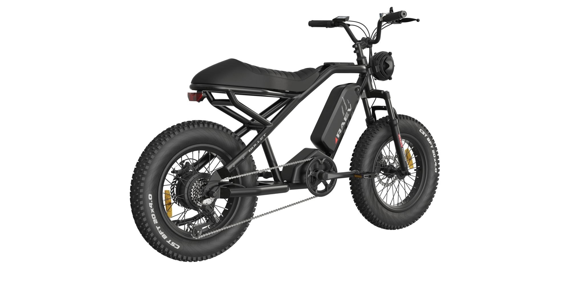Side view of the eMOTO RAEV Bullet V2 Electric e-Moto Style eBike-Moto, featuring a sleek black frame, thick tires, and a compact 500W electric motor design, resembling a modern electric pit bike.