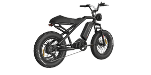 Side view of the eMOTO RAEV Bullet V2 Electric e-Moto Style eBike-Moto, featuring a sleek black frame, thick tires, and a compact 500W electric motor design, resembling a modern electric pit bike.