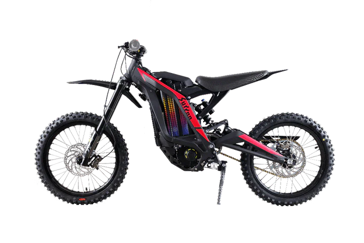 Black eMOTO Surron Light Bee S electric dirt bike, side view, on a white background