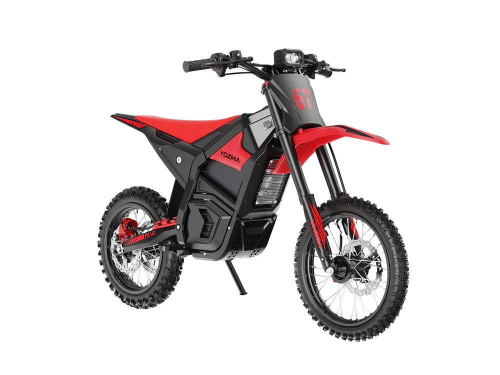 Side view of the eMOTO Yozma IN 10 electric scooter in black, showcasing its sleek frame, wide footboard, and large wheels against a plain background.