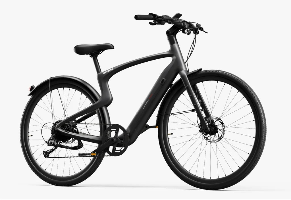 Side view of the Urtopia Carbon Classic eBike in matte black, showcasing its sleek carbon frame, integrated battery, and minimalist design against a plain background.