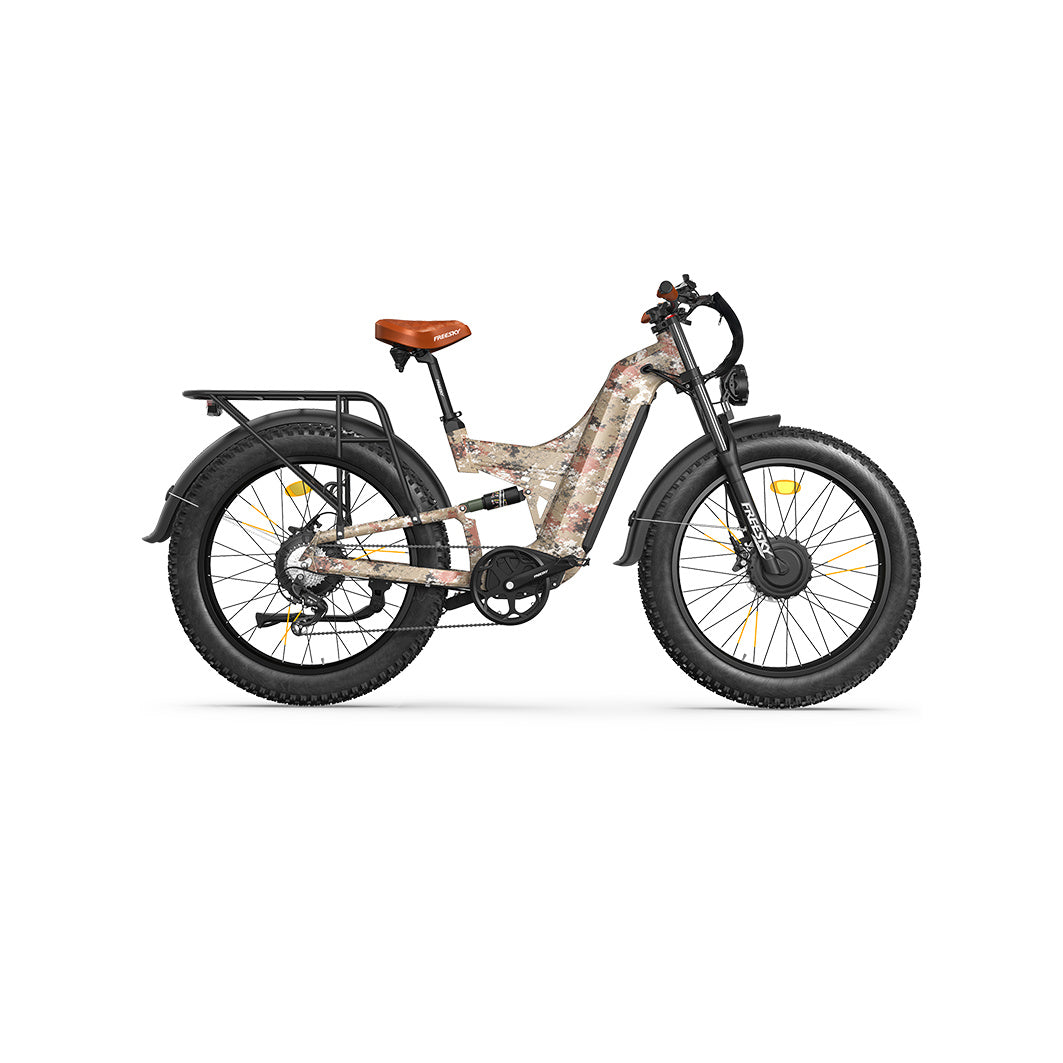 Freesky Warrior Ultra M-530 electric bike in camouflage color, side view, displayed outdoors.