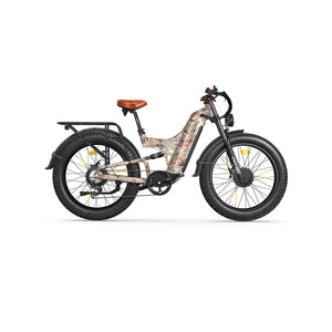 Freesky Warrior Ultra M-530 electric bike in camouflage color, side view, displayed outdoors.