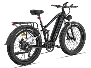 Side view of the Freesky Eurostar Ultra M-410 eBike in black, showing the frame, battery, wheels, and suspension fork against a white background.