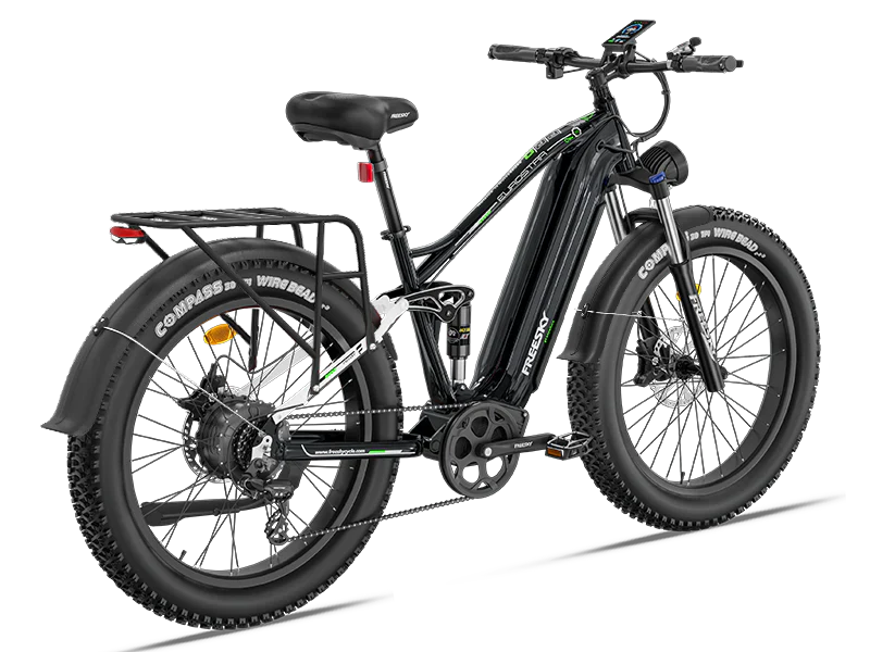 Side view of the Freesky Eurostar Ultra M-410 eBike in black, showing the frame, battery, wheels, and suspension fork against a white background.