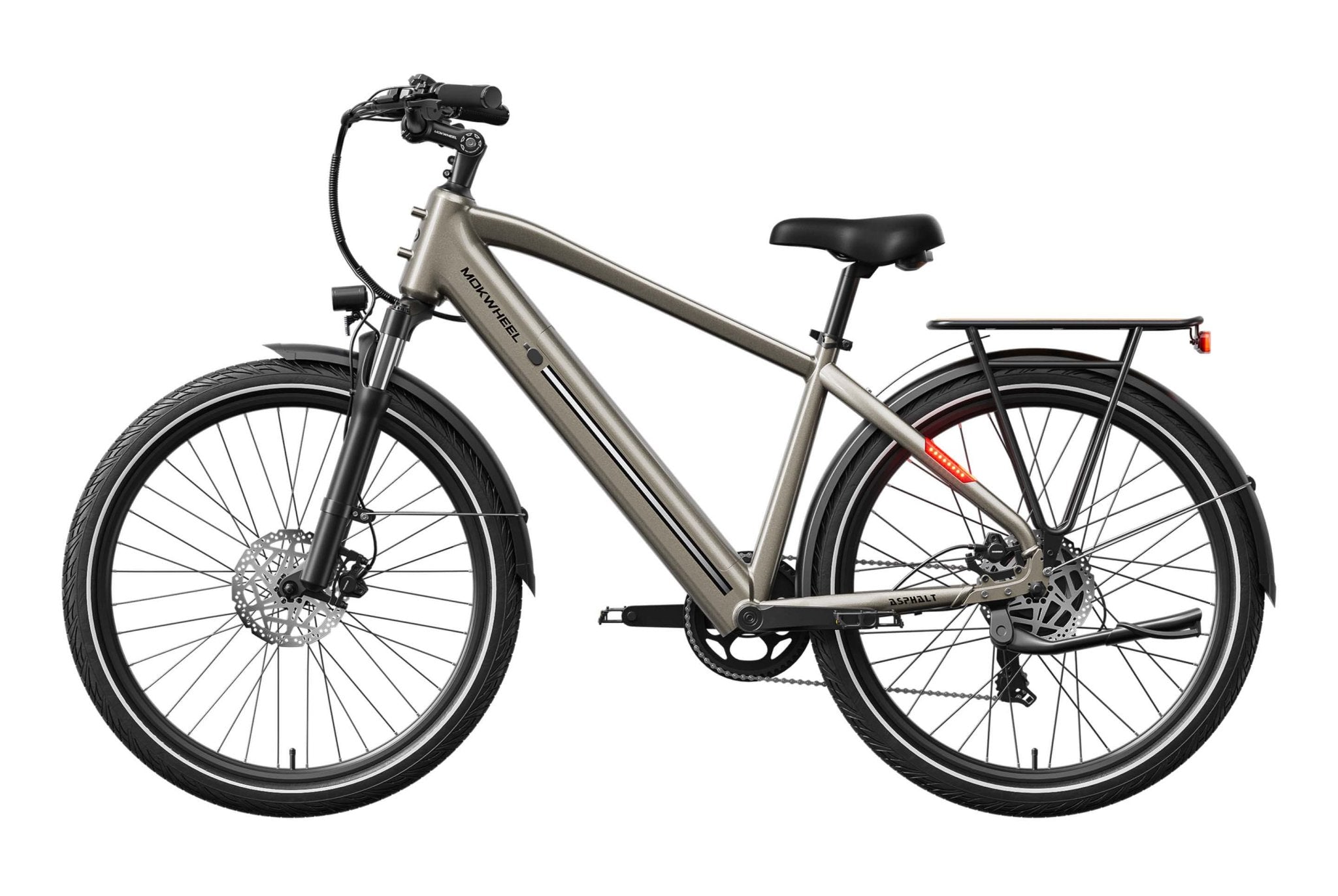 Side view of the MOKWHEEL Asphalt 2.0 eBike in matte black, featuring a step-through frame, front suspension fork, rear rack, and wide tires, displayed on a white background.